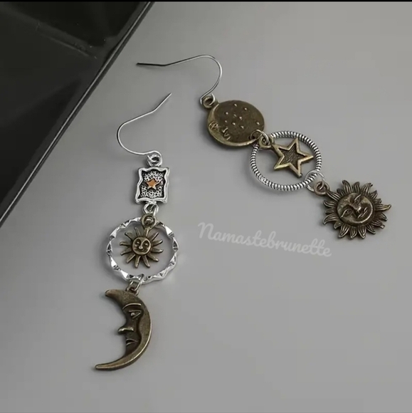Metal Boho Celestial Sun Moon Star Dangle Earrings - Picture 11 of 17